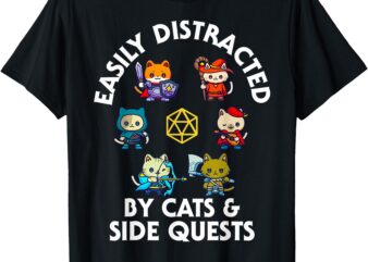 RPG Gamer Cats Side Quests D20 Dice Nerdy Cat Men Women Kids T-Shirt