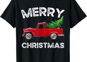 Red Vintage Wagon Tree Vacation Gift Red Truck Christmas T-Shirt