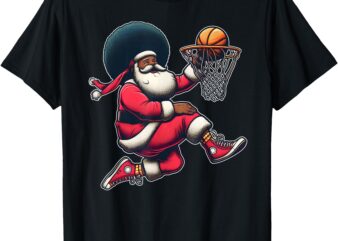 Retro Christmas African American Santa Claus Basketball Dunk T-Shirt