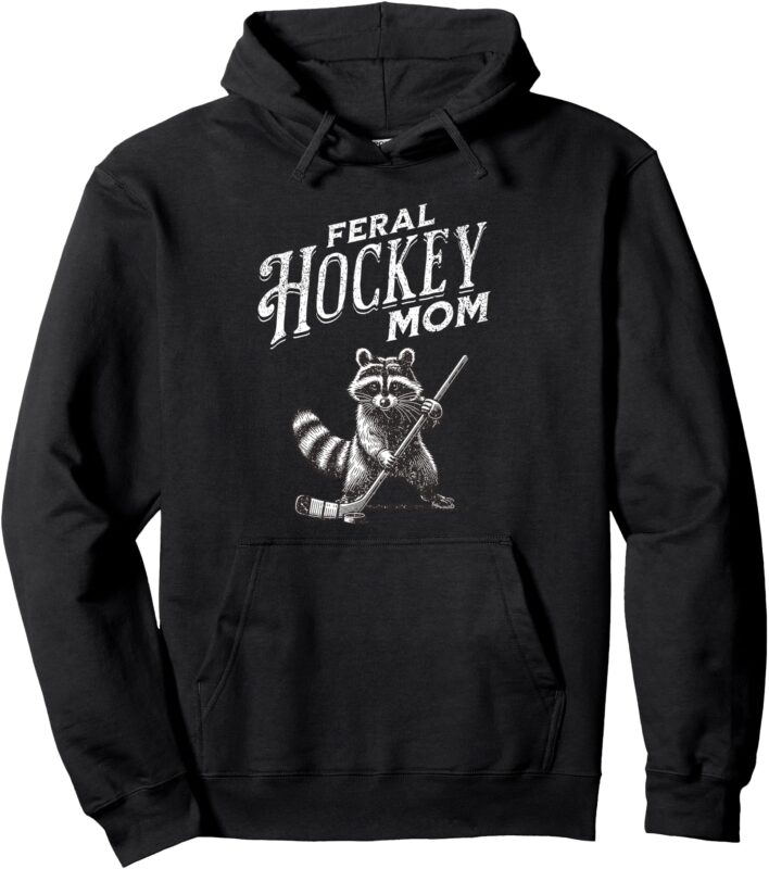 Retro Raccoon Feral Hockey Mom Hockey Player Trash Funny Pullover Hoodie