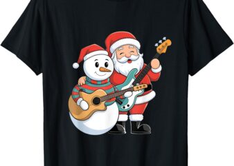 Rock Guitar Snowman And Santa Claus Playing Guitar Christmas T-Shirt