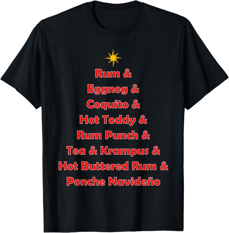 Rum Traveler – Christmas Holiday Drink List (Red Text) T-Shirt