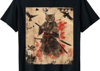 Samurai Cat Graphic Tee Warrior Vintage Japanese Art Anime T-Shirt