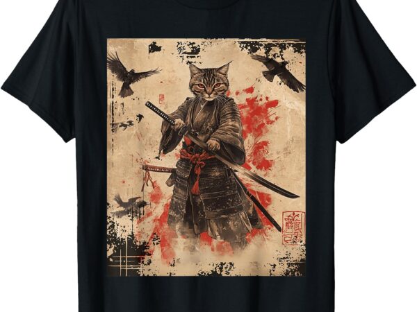 Samurai cat graphic tee warrior vintage japanese art anime t-shirt