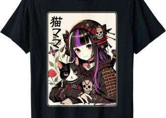 Samurai Cat Mom Woman Girls Japanese Gothic Kawaii Anime T-Shirt