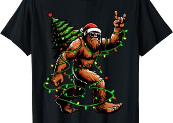 Santa Bigfoot Christmas Tree Xmas Lights Funny Sasquatch T-Shirt