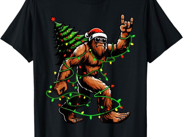 Santa bigfoot christmas tree xmas lights funny sasquatch t-shirt