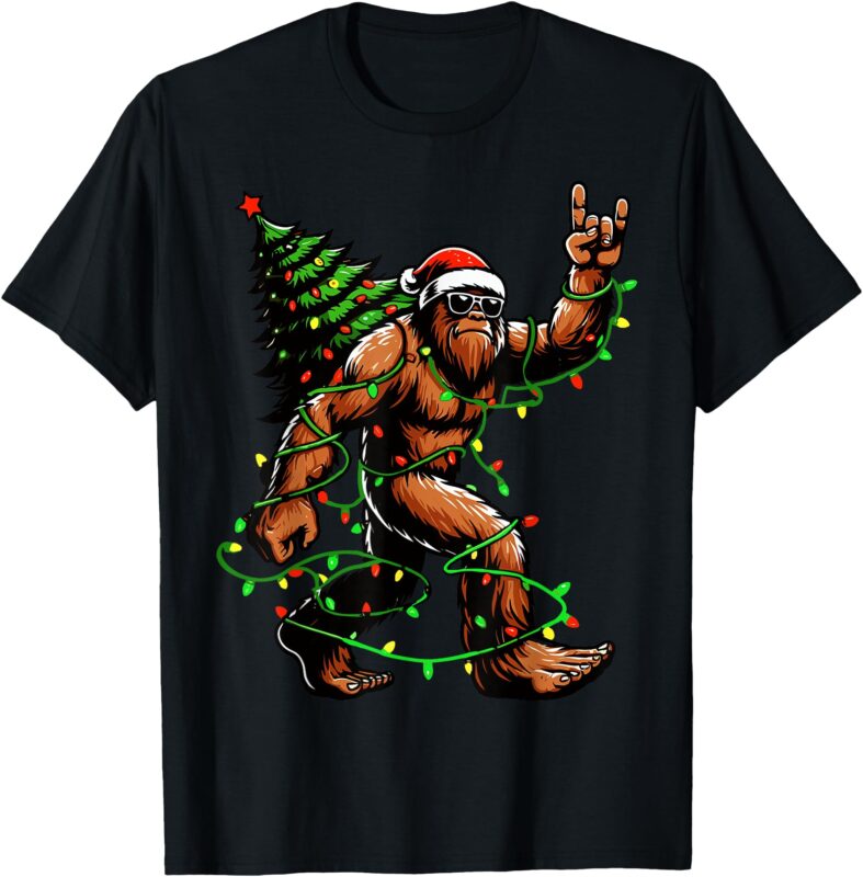 Santa Bigfoot Christmas Tree Xmas Lights Funny Sasquatch T-Shirt