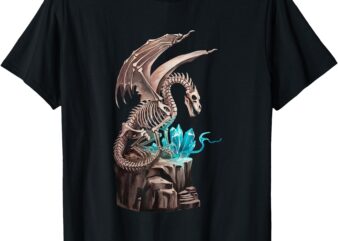 Skeleton Dragon Guarding Blue Crystals on a Mountain T-Shirt