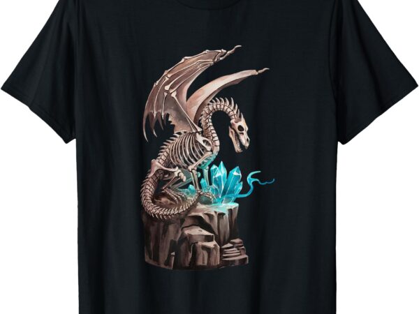 Skeleton dragon guarding blue crystals on a mountain t-shirt