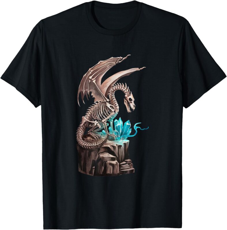 Skeleton Dragon Guarding Blue Crystals on a Mountain T-Shirt