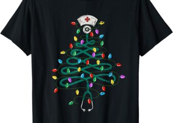 Stethoscope Christmas Tree Lights Nurse Christmas Scrub Top T-Shirt