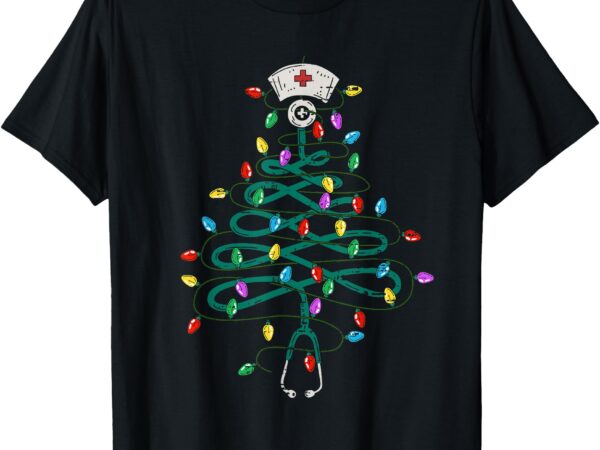 Stethoscope christmas tree lights nurse christmas scrub top t-shirt