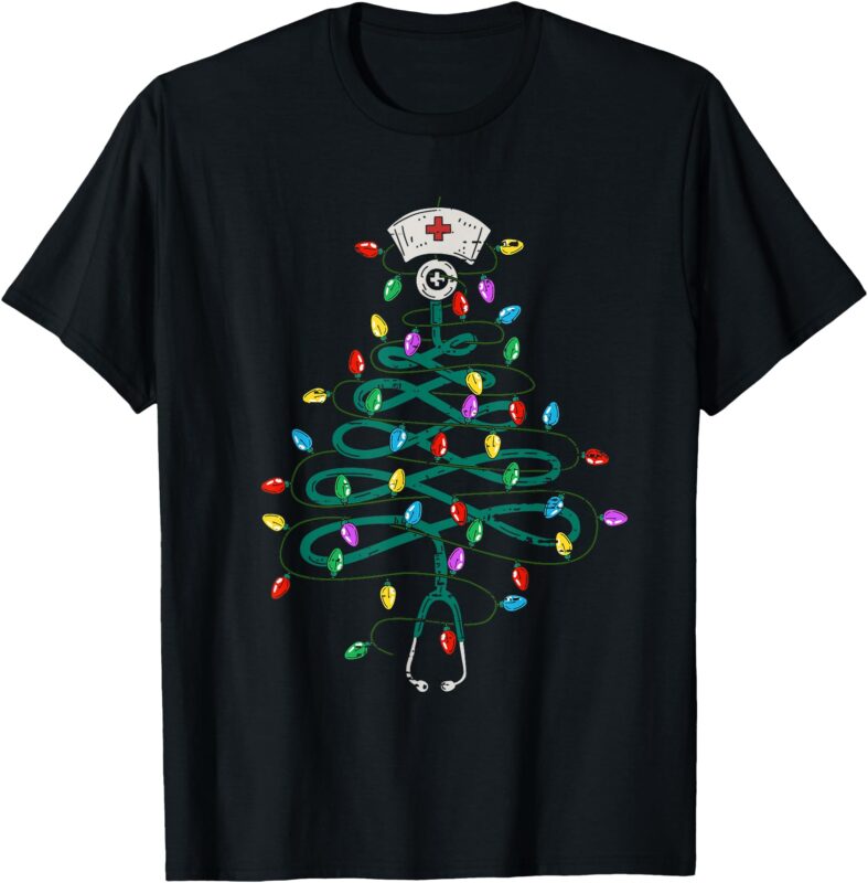 Stethoscope Christmas Tree Lights Nurse Christmas Scrub Top T-Shirt