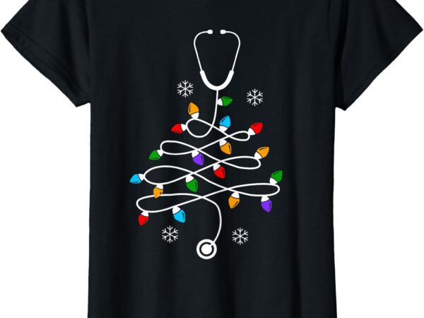 Stethoscope christmas tree lights rn lpn scrub nursing xmas t-shirt