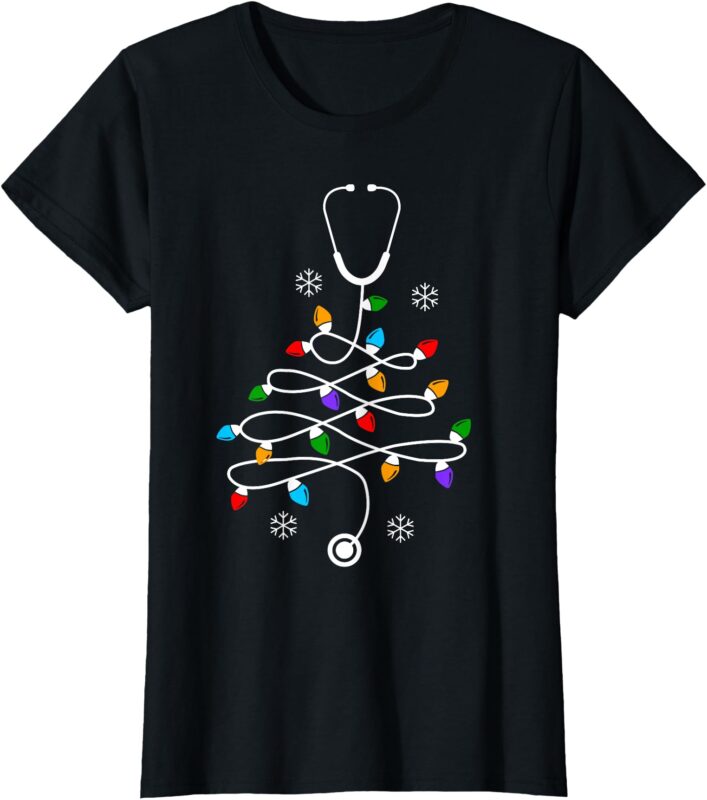 Stethoscope Christmas Tree Lights RN LPN Scrub Nursing Xmas T-Shirt