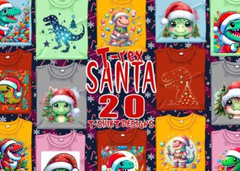 Colourful Christmas Santa Rex t-shirt design bundle of 20 designs – download instantly Retro Vintage T-shirt Illustration Clipart Bundle