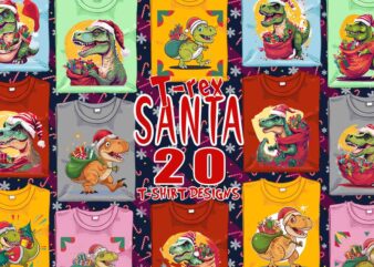 Funny Christmas Dinosaur Santa Claus t-shirt design bundle of 20 designs – download instantly Retro Vintage Illustration