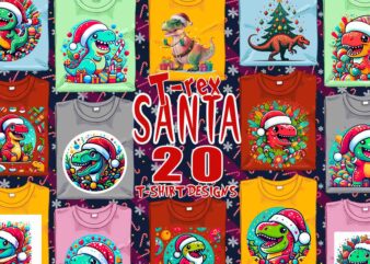 Trendy Christmas Dinosaur Santa Claus t-shirt design bundle of 20 designs – download instantly Retro Vintage Tee Illustration Clipart Bundle