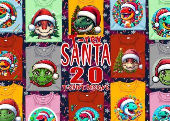 Christmas festive dino claus t-shirt design bundle of 20 png & jpeg designs – download instantly retro vintage t-shirt design bundle