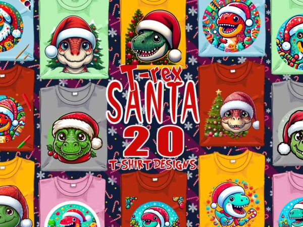 Christmas festive dino claus t-shirt design bundle of 20 png & jpeg designs – download instantly retro vintage t-shirt design bundle