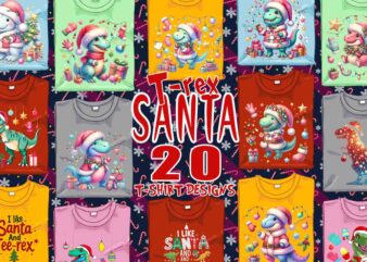 20 Retro Christmas T-Rex Santa Claus t-shirt design bundle