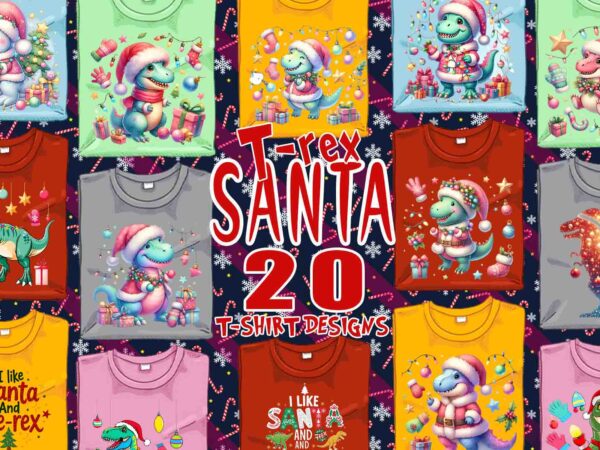 20 retro christmas t-rex santa claus t-shirt design bundle