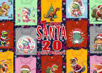 Retro Christmas T-Rex Santa Claus t-shirt design bundle of 20 designs