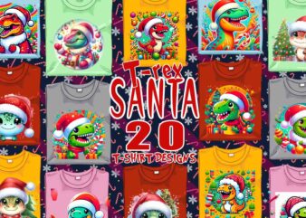 Trendy christmas festive dino claus t-shirt design bundle of 20 png & jpeg designs – download instantly retro vintage t-shirt design bundle