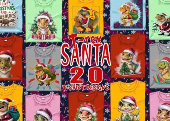 Funny Christmas Dinosaur Santa Claus t-shirt design bundle of 20 designs – download instantly Retro Vintage Illustration T-shirt