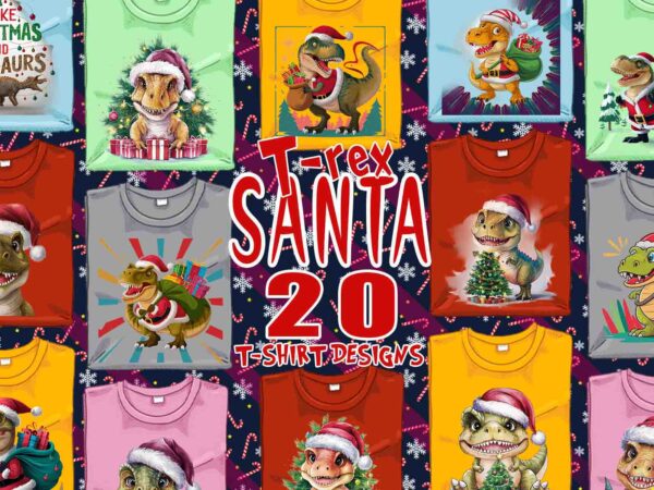 Funny christmas dinosaur santa claus t-shirt design bundle of 20 designs – download instantly retro vintage illustration t-shirt