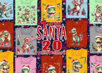 Popular Christmas T-Rex Santa Claus t-shirt design bundle of 20 designs – download instantly