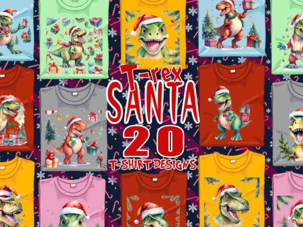 Popular christmas t-rex santa claus t-shirt design bundle of 20 designs – download instantly