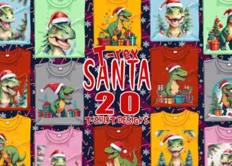 Trendy Christmas Dinosaur Santa Claus t-shirt design bundle of 20 designs – download instantly Retro Vintage Tee Bundle