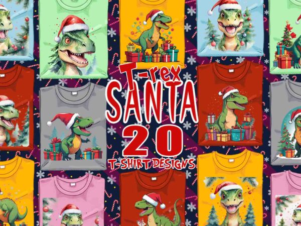 Trendy christmas dinosaur santa claus t-shirt design bundle of 20 designs – download instantly retro vintage tee bundle