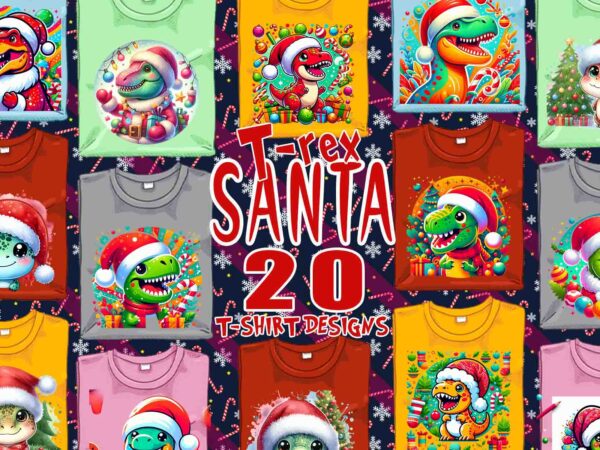 Trendy christmas festive dino claus t-shirt design bundle of 20 png & jpeg designs – download instantly retro vintage t-shirt design bundle