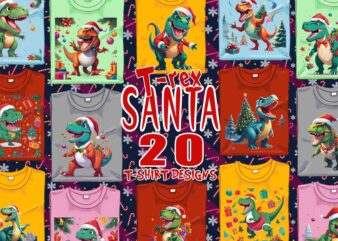 20 Trendy Christmas Festive Dino Claus t-shirt design bundle