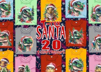 20 Retro Christmas T-Rex Santa Claus t-shirt design bundle for POD