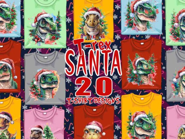 20 retro christmas t-rex santa claus t-shirt design bundle for pod