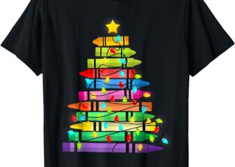 Teacher Crayon Christmas Tree Lights Student School Xmas T-Shirt