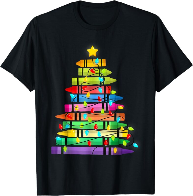 Teacher Crayon Christmas Tree Lights Student School Xmas T-Shirt