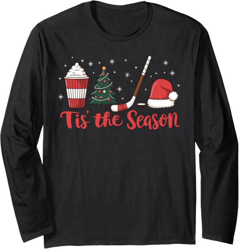 Tis The Season Hockey Coffee Xmas Tree Ice Hockey Christmas Long Sleeve T-Shirt