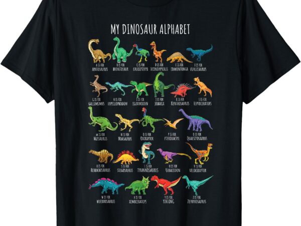 Types of dinosaurs alphabet a-z abc dino identification short sleeve t-shirt