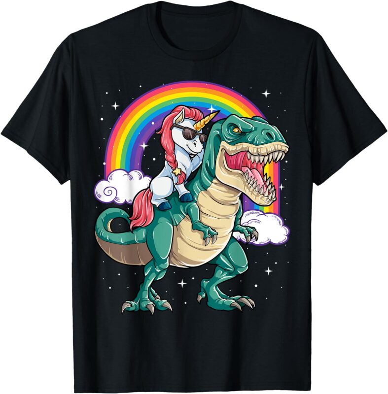 Unicorn Riding T rex Dinosaur Boys Girls Men Women Rainbow T-Shirt