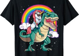 Unicorn Riding T rex Dinosaur Boys Girls Men Women Rainbow T-Shirt