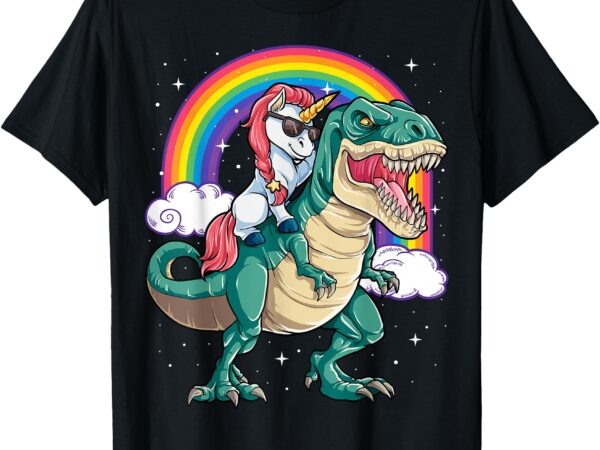 Unicorn riding t rex dinosaur boys girls men women rainbow t-shirt