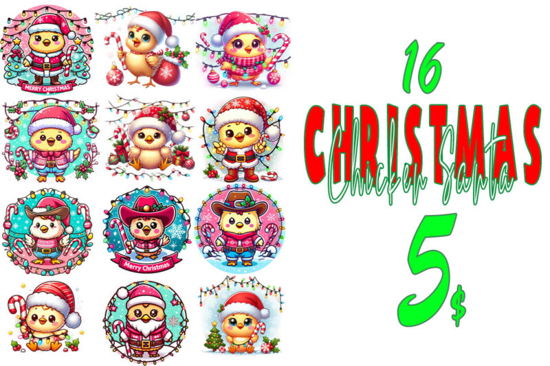 Special Bundle Christmas Chicken Santa Claus t-shirt design bundle of 16 png designs – download instantly Retro Vintage T-shirt Design