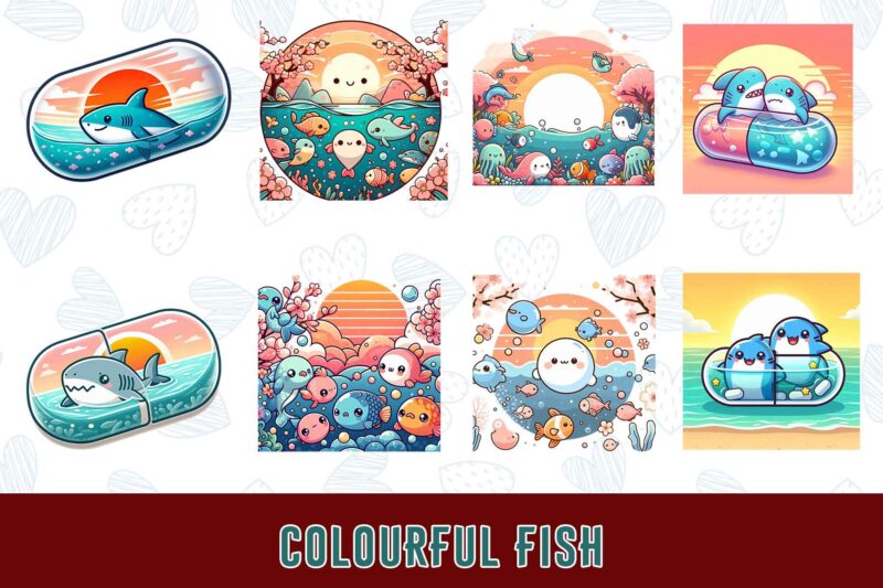 Trendy Underwater Sea Life and Cute Fish t-shirt design bundle of 20 png & jpeg designs – download instantly