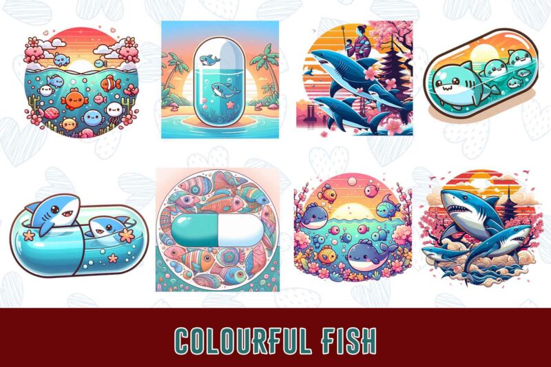 Trendy Underwater Fish t-shirt design bundle of 20 png & jpeg designs – download instantly Retro Vintage T-shirt Design Illustration