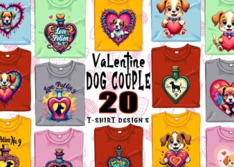 Funny Valentines Day Cute Dog Couple in Love t-shirt design bundle of 20 designs – download instantly